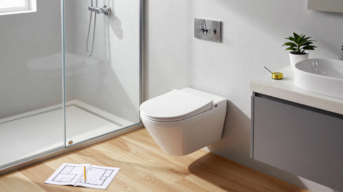 Modern bathroom with a wall-mounted toilet, glass shower, floating sink unit, wooden floor, and plant on the countertop.