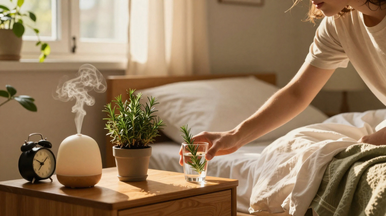 Person reaching for a glass with a rosemary sprig on a bedside table with diffuser, plant, and alarm clock.