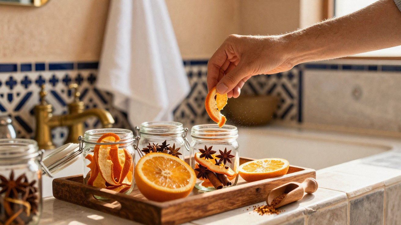 Hand placing orange peel into jar on wooden tray with spices and oranges on tiled kitchen counter.