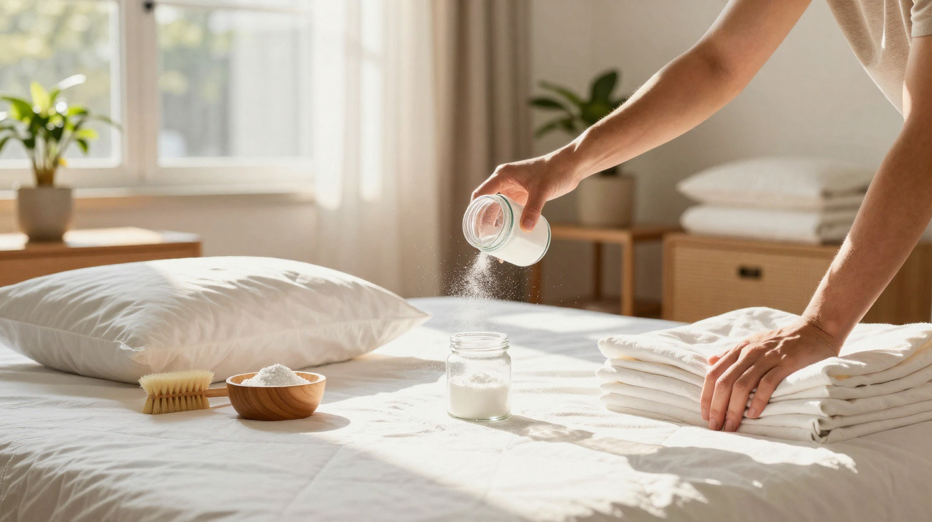 Person sprinkling baking soda on folded white laundry on a bed in a bright, sunlit room.
