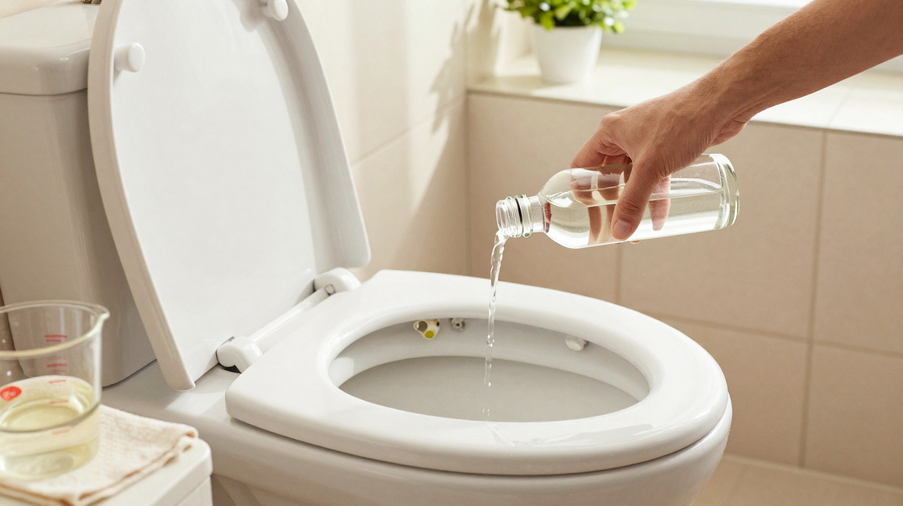 Hand pouring liquid from a clear bottle into an open white toilet bowl in a bathroom.